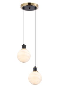 Jestero 20cm 2 Light Pendant, E14 With 15cm Round White & Grey Marble Effect Glass Shades, Brass & Satin Black Framework