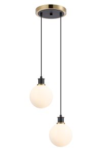 Jestero 20cm 2 Light Pendant, E14 With 15cm Round Glass Shades, Brass, Opal & Satin Black
