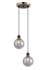 Jestero 20cm 2 Light Pendant, E14 With 15cm Round Double Textured Smooth / Ribbed Glass Shades, Brass, Smoke Plated & Satin Black