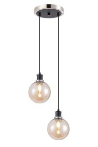 Jestero 20cm 2 Light Pendant, E14 With 15cm Round Glass Shades, Satin Nickel, Amber Plated & Satin Black
