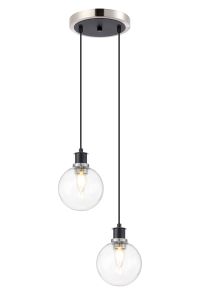 Jestero 20cm 2 Light Pendant, E14 With 15cm Round Glass Shades, Satin Nickel, Clear & Satin Black