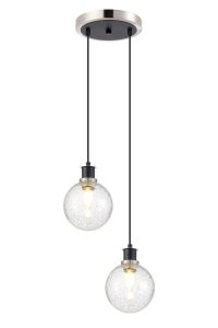 Jestero 20cm 2 Light Pendant, E14 With 15cm Round Crackled Glass Shades, Satin Nickel, Clear & Satin Black