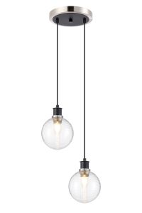 Jestero 20cm 2 Light Pendant, E14 With 15cm Round Ribbed Glass Shades, Satin Nickel, Clear & Satin Black