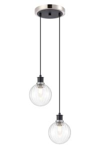 Jestero 20cm 2 Light Pendant, E14 With 15cm Round Segment Glass Shades, Satin Nickel, Clear & Satin Black