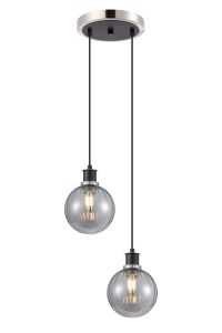 Jestero 20cm 2 Light Pendant, E14 With 15cm Round Segment Glass Shades, Satin Nickel, Smoke Plated & Satin Black
