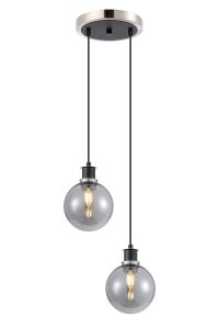Jestero 20cm 2 Light Pendant, E14 With 15cm Round Glass Shades, Satin Nickel, Smoke Plated & Satin Black