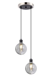 Jestero 20cm 2 Light Pendant, E14 With 15cm Round Double Textured Smooth / Ribbed Glass Shades, Satin Nickel, Smoke Plated & Satin Black