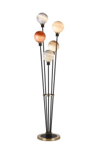 Jestero Floor Lamp, 5 Light E14, With 15cm Mixed Colour Round Marble Effect Glass Shade Brass & Satin Black