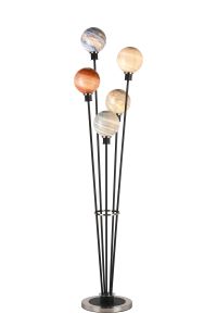 Jestero Floor Lamp, 5 Light E14, With 15cm Mixed Colour Round Marble Effect Glass Shade Satin Nickel & Satin Black