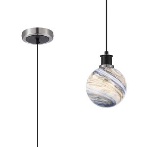 Jestero 1.3m Pendant, 1 Light E14 With 15cm Round Dark Blue Marble Effect Glass Shade, Satin Nickel & Satin Black Framework