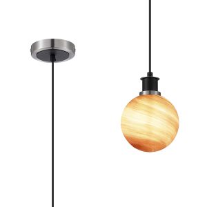 Jestero 1.3m Pendant, 1 Light E14 With 15cm Round Dark Pink Marble Effect Glass Shade, Satin Nickel & Satin Black Framework