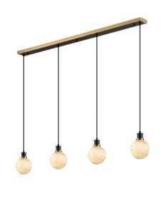 Jestero 1.3m Linear Pendant, 4 Light E14 With 15cm Round Dark Beige Marble Effect Glass Shade, Brass & Satin Black Framework