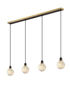 Jestero 1.3m Linear Pendant, 4 Light E14 With 15cm Round Dark Green Marble Effect Glass Shade, Brass & Satin Black Framework