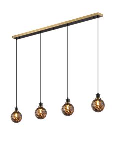 Jestero 1.3m Linear Pendant, 4 Light E14 With 15cm Round Brown & Amber Tortoise Shell Glass Shade, Brass & Satin Black Framework