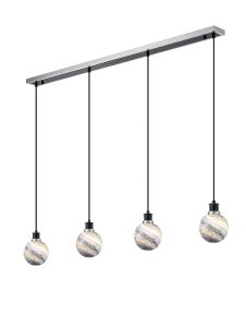 Jestero 1.3m Linear Pendant, 4 Light E14 With 15cm Round Dark Blue Marble Effect Glass Shade, Satin Nickel & Satin Black Framework