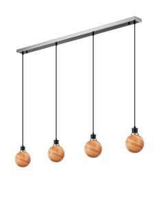 Jestero 1.3m Linear Pendant, 4 Light E14 With 15cm Round Dark Pink Marble Effect Glass Shade, Satin Nickel & Satin Black Framework