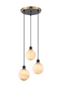 Jestero 38cm Round Pendant, 3 Light E14 With 15cm Round Dark Beige Marble Effect Glass Shade, Brass & Satin Black Framework