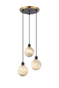 Jestero 38cm Round Pendant, 3 Light E14 With 15cm Round Dark Green Marble Effect Glass Shade, Brass & Satin Black Framework