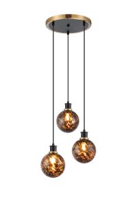 Jestero 38cm Round Pendant, 3 Light E14 With 15cm Round Brown & Amber Tortoise Shell Glass Shade, Brass & Satin Black