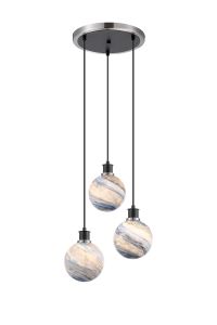 Jestero 38cm Round Pendant, 3 Light E14 With 15cm Round Dark Blue Marble Effect Glass Shade, Satin Nickel & Satin Black Framework