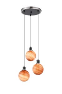 Jestero 38cm Round Pendant, 3 Light E14 With 15cm Round Dark Pink Marble Effect Glass Shade, Satin Nickel & Satin Black Framework