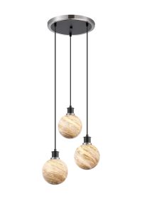 Jestero 38cm Round Pendant, 3 Light E14 With 15cm Round Light Grey Marble Effect Glass Shade, Satin Nickel & Satin Black Framework