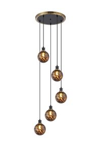 Jestero 48cm Round Pendant, 5 Light E14 With 15cm Round Brown & Amber Tortoise Shell Glass Shade, Brass & Satin Black Framework