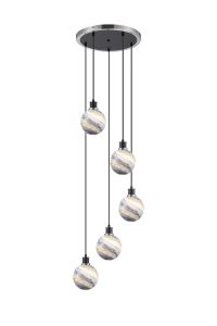 Jestero 48cm Round Pendant, 5 Light E14 With 15cm Round Dark Blue Marble Effect Glass Shade, Satin Nickel & Satin Black Framework