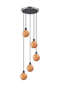 Jestero 48cm Round Pendant, 5 Light E14 With 15cm Round Dark Pink Marble Effect Glass Shade, Satin Nickel & Satin Black Framework
