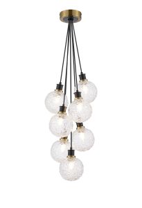 Jestero 45cm Round Cluster Pendant, 7 Light E14 With 15cm Round Textured Crumple Glass Shade, Brass, Clear & Satin Black