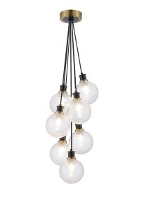 Jestero 45cm Round Cluster Pendant, 7 Light E14 With 15cm Round Dimpled Glass Shade, Brass, Clear & Satin Black