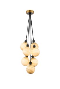 Jestero 45cm Round Cluster Pendant, 7 Light E14 With 15cm Round Dark Beige Marble Effect Glass Shade, Brass & Satin Black Framework