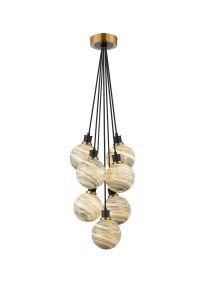 Jestero 45cm Round Cluster Pendant, 7 Light E14 With 15cm Round Dark Green Marble Effect Glass Shade, Brass & Satin Black Framework