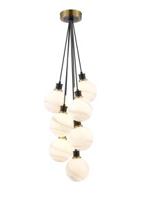 Jestero 45cm Round Cluster Pendant, 7 Light E14 With 15cm Round White & Grey Marble Effect Glass Shade, Brass & Satin Black Framework