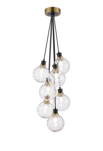 Jestero 45cm Round Cluster Pendant, 7 Light E14 With 15cm Round Textured Melting Glass Shade, Brass, Clear & Satin Black