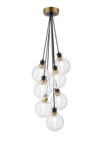 Jestero 45cm Round Cluster Pendant, 7 Light E14 With 15cm Round Ribbed Glass Shade, Brass, Clear & Satin Black