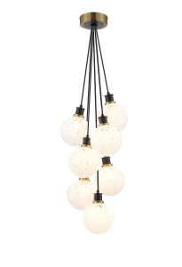 Jestero 45cm Round Cluster Pendant, 7 Light E14 With 15cm Round Speckled Glass Shade, Brass, White & Satin Black