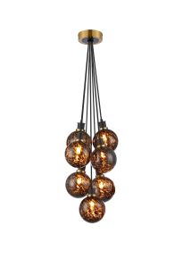 Jestero 45cm Round Cluster Pendant, 7 Light E14 With 15cm Round Brown & Amber Tortoise Shell Glass Shade, Brass & Satin Black