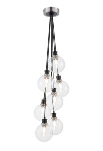 Jestero 45cm Round Cluster Pendant, 7 Light E14 With 15cm Round Glass Shade, Satin Nickel, Clear & Satin Black