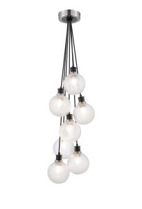 Jestero 45cm Round Cluster Pendant, 7 Light E14 With 15cm Round Textured Diamond Pattern Glass Shade, Satin Nickel, Clear & Satin Black