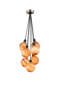 Jestero 45cm Round Cluster Pendant, 7 Light E14 With 15cm Round Dark Pink Marble Effect Glass Shade, Satin Nickel & Satin Black Framework
