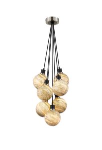 Jestero 45cm Round Cluster Pendant, 7 Light E14 With 15cm Round Light Grey Marble Effect Glass Shade, Satin Nickel & Satin Black Framework
