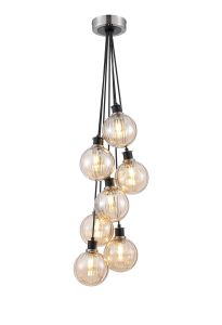Jestero 45cm Round Cluster Pendant, 7 Light E14 With 15cm Round Segment Glass Shade, Satin Nickel, Amber Plated & Satin Black