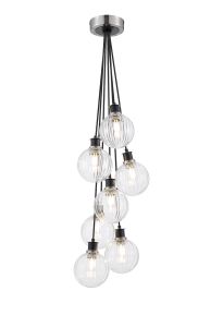 Jestero 45cm Round Cluster Pendant, 7 Light E14 With 15cm Round Segment Glass Shade, Satin Nickel, Clear & Satin Black