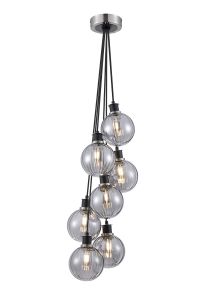 Jestero 45cm Round Cluster Pendant, 7 Light E14 With 15cm Round Segment Glass Shade, Satin Nickel, Smoke Plated & Satin Black