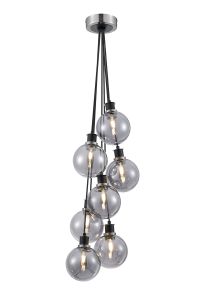 Jestero 45cm Round Cluster Pendant, 7 Light E14 With 15cm Round Glass Shade, Satin Nickel, Smoke Plated & Satin Black