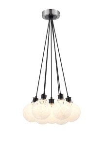 Jestero 45cm Round Cluster Pendant, 7 Light E14 With 15cm Round Speckled Glass Shade, Satin Nickel, White & Satin Black