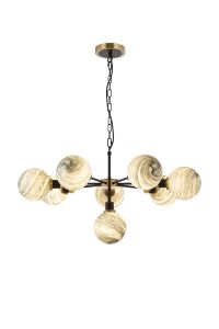 Jestero 84cm Pendant, 8 Light E14 With 15cm Round Dark Green Marble Effect Glass Shade, Brass & Satin Black Framework