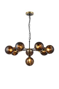 Jestero 84cm Pendant, 8 Light E14 With 15cm Round Brown & Amber Tortoise Shell Glass Shade, Brass & Satin Black