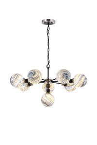 Jestero 84cm Pendant, 8 Light E14 With 15cm Round Dark Blue Marble Effect Glass Shade, Satin Nickel & Satin Black Framework